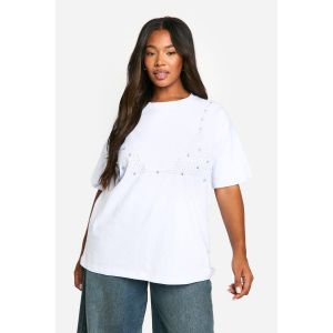 "Plus" Pearl And Rhinestone Oversized T-Shirt - Blanc - 44, Blanc