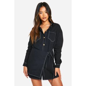 Robe Chemise Portefeuille À Coutures Contrastées - Noir - 38, Noir