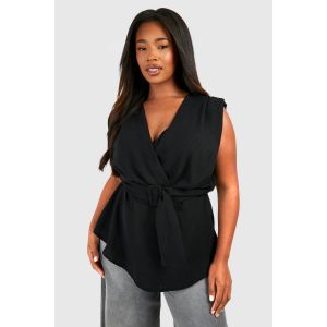 Haut Peplum Drapé Effet Martelé Et À Ceinture Pour Les Grandes Tailles - Noir - 56, Noir