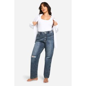 "Plus" Basics Jeans Taille Haute, Coupe Droite Avec Déchirures Aux Genoux - Bleu - 56, Bleu