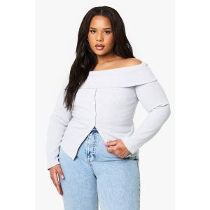Top Bardot Grande Taille Boutonné Et En Jersey Côtelé - Gris - 44, Gris