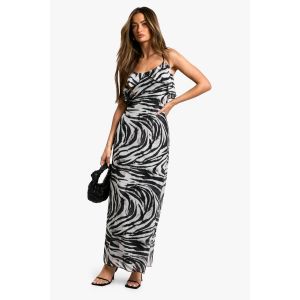 Robe Longue Nouée À Volants Et Imprimé Zèbre - Noir - 36, Noir