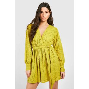Robe Mini À Broderie Ceinturée - Vert Olive - 46, Vert Olive