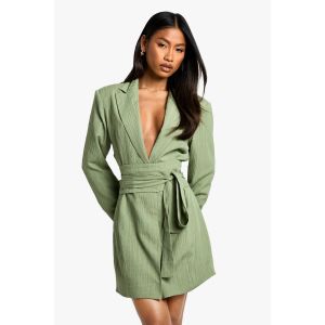 Texturé Ajusté Robe Blazer À Détail De Ceinture - Vert Mastic - 44, Vert Mastic