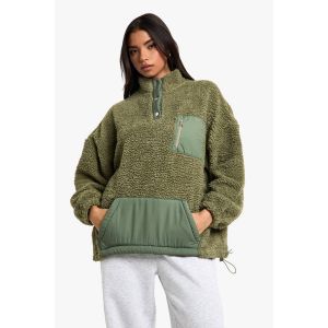 Sweat-Shirt Borg Surdimensionné À Col Entonnoir À Boutons-Pression - Vert Mastic - Xs, Vert Mastic