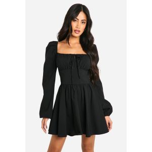 Robe Mini À Manches Longues Avec Nœud À L'Avant - Noir - 36, Noir