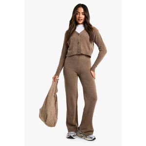 Cardigan À Col En V En Maille Douce Et Ensemble Coordonné Tricoté Avec Pantalon À Jambes Larges - Marron Taupe - L, Marron Taupe