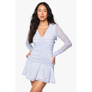 "Petite" Robe Patineuse Florale À Manches Longues, Froncée Et À Décolleté Plongeant - Bleu Pastel - 42, Bleu Pastel