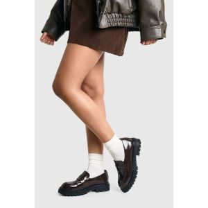Wide Fit Patent Detail Chunky Loafers - Marron - 38, Marron