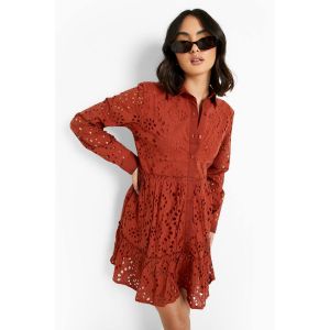 Robe Chemise À Volants En Broderie - Orange Rouille - 38, Orange Rouille