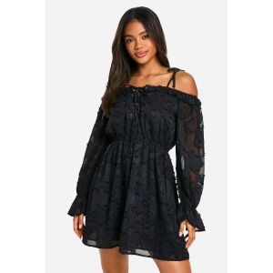 Robe Mini Florale Burnout À Lacets Sur Le Devant - Noir - 36, Noir