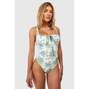 Maillot De Bain À Imprimé Floral Et Détails Ruqués - Vert - 38, Vert
