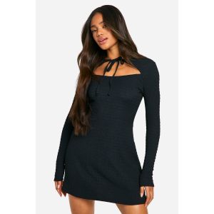 Robe Skater Texturée À Nœud À L'Avant - Noir - 44, Noir