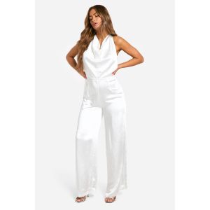 Satin High Cowl Backless Jumpsuit - Blanc - 44, Blanc