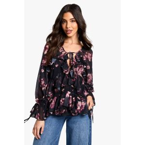 Blouse En Chiffon Floral À Volants Extrêmes - Noir - 38, Noir