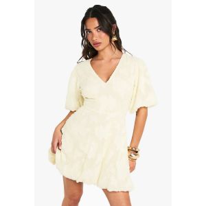 Mini Robe Courte Florale Burnout Pour "Petite"s À Décolleté Plongeant Et Effet Puffball - Citron - 38, Citron