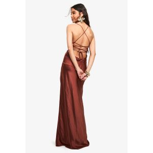 Robe Nuisette Maxi En Satin À Dos Croisé - Marron Chocolat - 44, Marron Chocolat