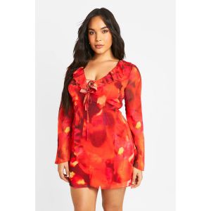 "Plus" Robe Mini À Volants, Nouée Et Manches Évasées - Rouge - 56, Rouge