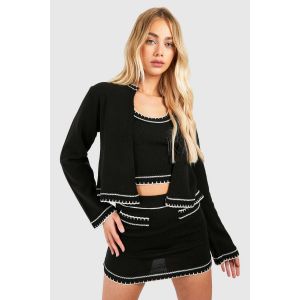 Ensemble 3 Pièces En Maille Avec Cardigan À Coutures Contrastées, Crop Top Et Mini Jupe - Noir - M, Noir
