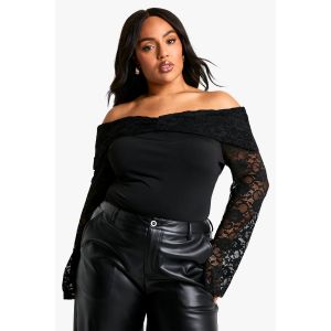 "Plus" Lace Body En Dentelle À Surimpression Froncée Extensible - Noir - 54, Noir