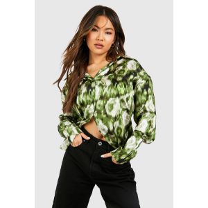 Chemise En Satin Abstrait À Poignets Profonds - Vert - 34, Vert