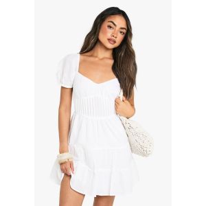 Robe Mini En Coton À Volants Et Manches Bouffantes Smockée - Blanc - S, Blanc