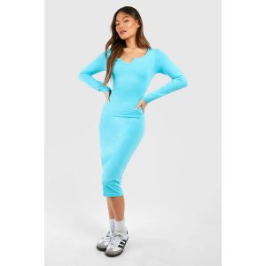 Robe Midi En Jersey À Manches Longues Et Col Échancré - Bleu Turquoise - 44, Bleu Turquoise