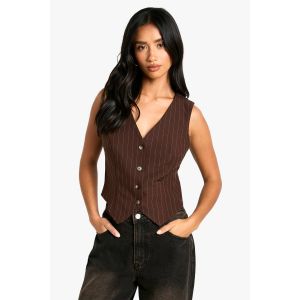 "Petite" Gilet Tailleur À Rayures Fines - Marron Chocolat - 44, Marron Chocolat