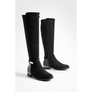 Croc Flat Bottes Mi-Mollet En Daim Synthétique Effet Croc - Noir - 37, Noir