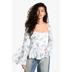 Chemisier À Corset À Imprimé Floral Discret, Buste Ajusté Et Manches Volantées - Bleu - 36, Bleu