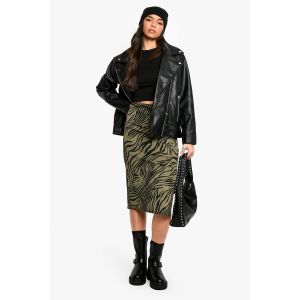 Jupe Midi En Côtes Avec Imprimé Zèbre Et Fente Latérale - Vert Kaki - 34, Vert Kaki