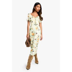 Floral Angel Sleeve Midaxi Dress - Citron - 42, Citron