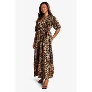 Robe Grande Taille En Tissu Tissé À Imprimé Léopard, Drapée Et À Volants Smockés - Leopard - 56, Leopard