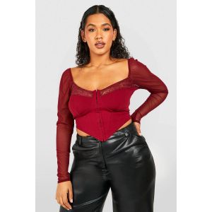 "Plus" Mesh Et Dentelle Top Corset À Crochet Et Oeillet Pour Grandes Tailles - Rouge Lie-De-Vin - 56, Rouge Lie-De-Vin
