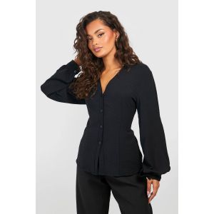 Chemisier Ajusté À Manches Volumineuses Martelées - Noir - 44, Noir