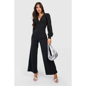 Combinaison À Manches Bouffantes Plissées Et Jambes Larges - Noir - 38, Noir