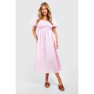 Robe Midi Grande Taille En Vichy Texturée À Manches Bouffantes - Rose Clair - 56, Rose Clair