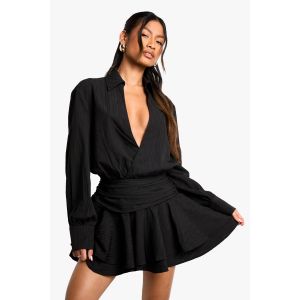 Mini Robe À Jupe Froncée À Volants En Tissu Texturé - Noir - 44, Noir