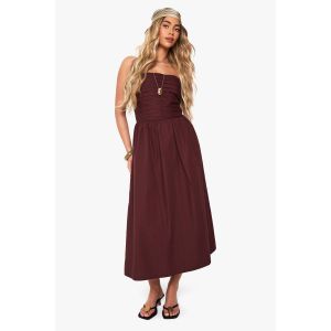 Robe Midi En Popeline De Coton Avec Détails Froncés - Marron Chocolat - 46, Marron Chocolat