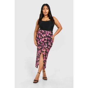 Jupe Midaxi À Imprimé Floral, Détail Drapé Et Fente - Noir - 50, Noir