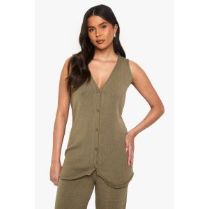 Longline Tricoté Gilet - Vert Olive - L, Vert Olive