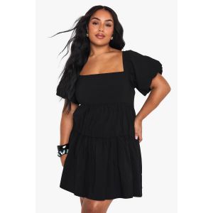 "Plus" Robe Smockée À Manches Bouffantes Extrêmes Et À Volants - Noir - 50, Noir