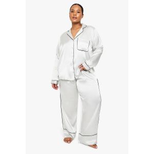 Ensemble De Chemise Et Pantalon Pyjama En Satin Pour Grande Taille Avec Passepoil Contrasté - Bleu Gris - 46, Bleu Gris
