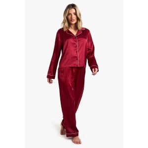"Petite" Ensemble Pyjama En Satin Avec Détail De Passepoil - Chemise À Manches Longues & Pantalon - Rouge - 38, Rouge