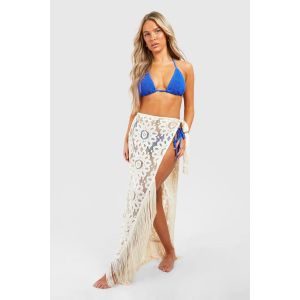 Crochet Tassel Hem Wrap Beach Midaxi Skirt - Blanc Cassé - L, Blanc Cassé