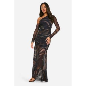 Robe Maxi En Maille Imprimée Asymétrique À Manches Longues - Marron - 46, Marron