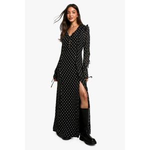 Polka Dot Chiffon Robe Maxi À Pois À Manches Flare - Noir - 34, Noir