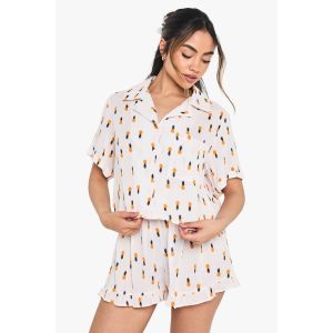 Cheesecloth À Imprimé Ananas, Chemise Ample À Manches Courtes Et Ensemble De Pyjama Short - Jaune - 34, Jaune