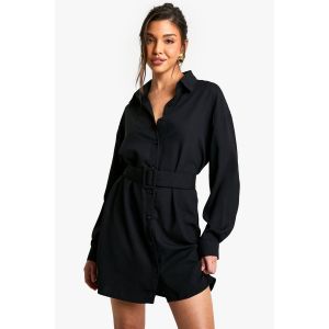 Robe Chemise À Manches Longues Avec Ceinture - Noir - 44, Noir