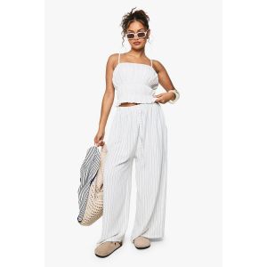 Pantalon Ample En Lin Rayé - Blanc - S/M, Blanc